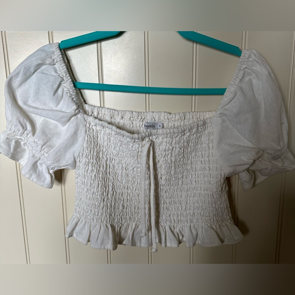 GHANDA Ladies Size Small White Gathered Puffed Short Sleeve Party Crop T…